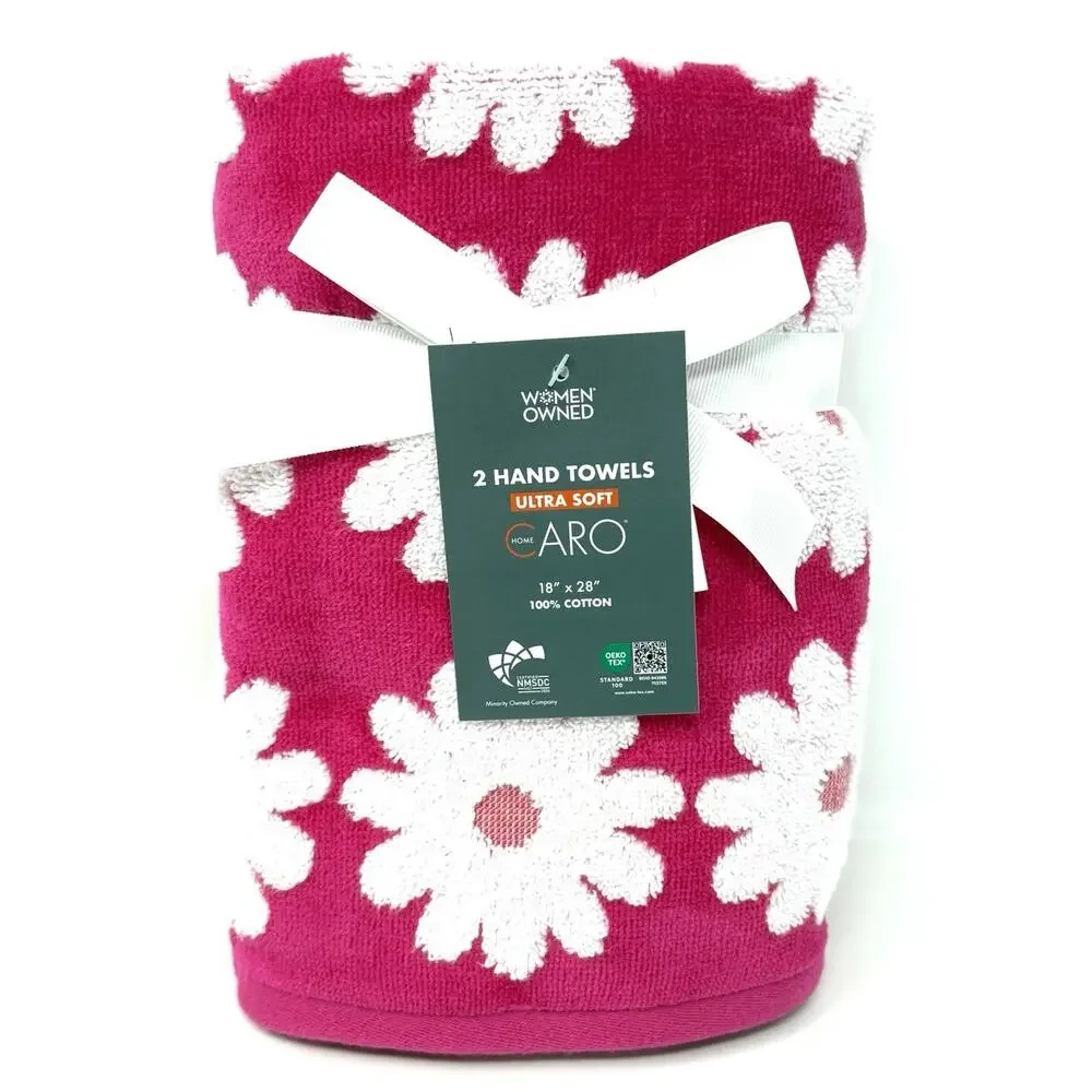 Caro Hot Pink Floral Hand Towels Daisies 2 Pcs Bright Pink White NWT Set Of 2